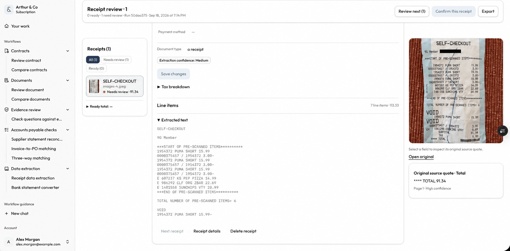 Receipt review dashboard showing extracted text beside the original receipt and a source quote for the total of 91.34.